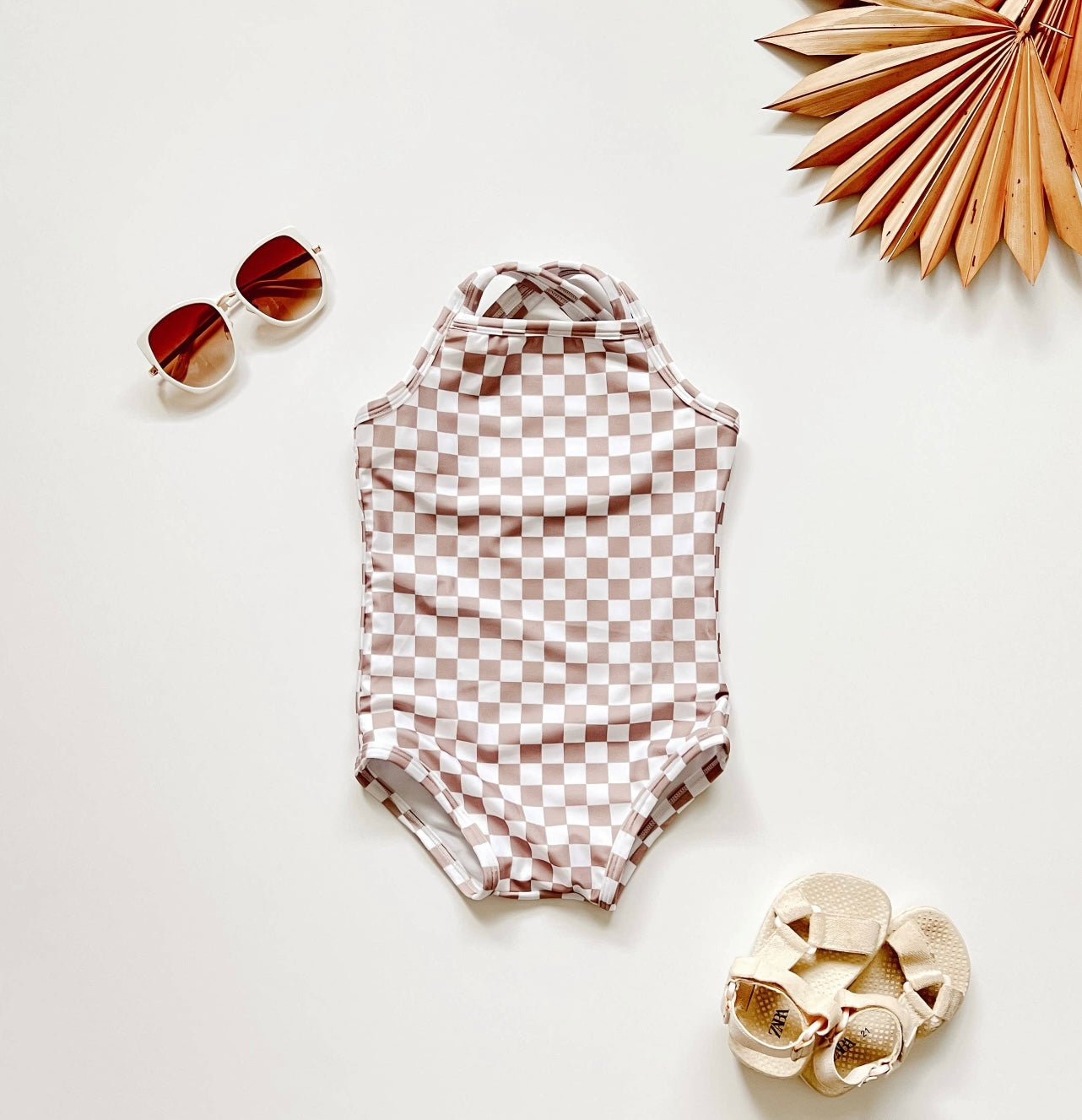 cross back one piece- tan checkered